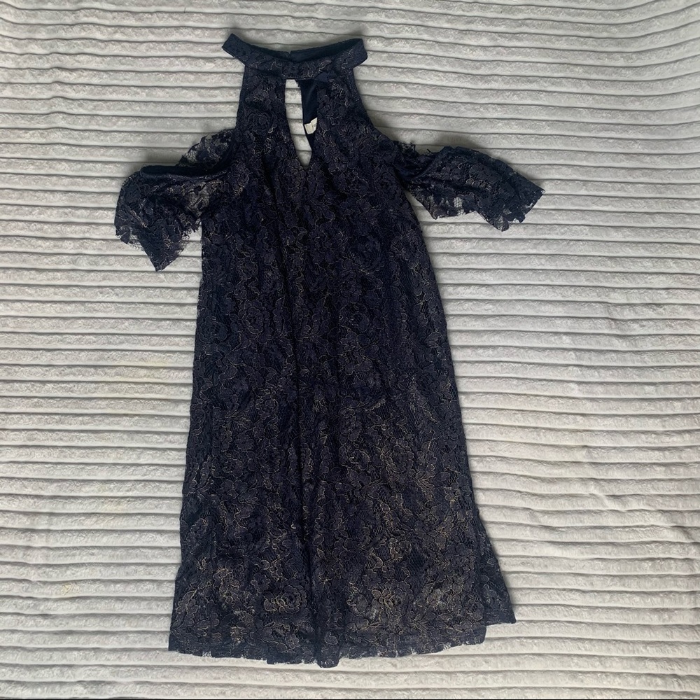 Francesca’s Navy Blue and Gold Dress, with V cut out and open shoulders